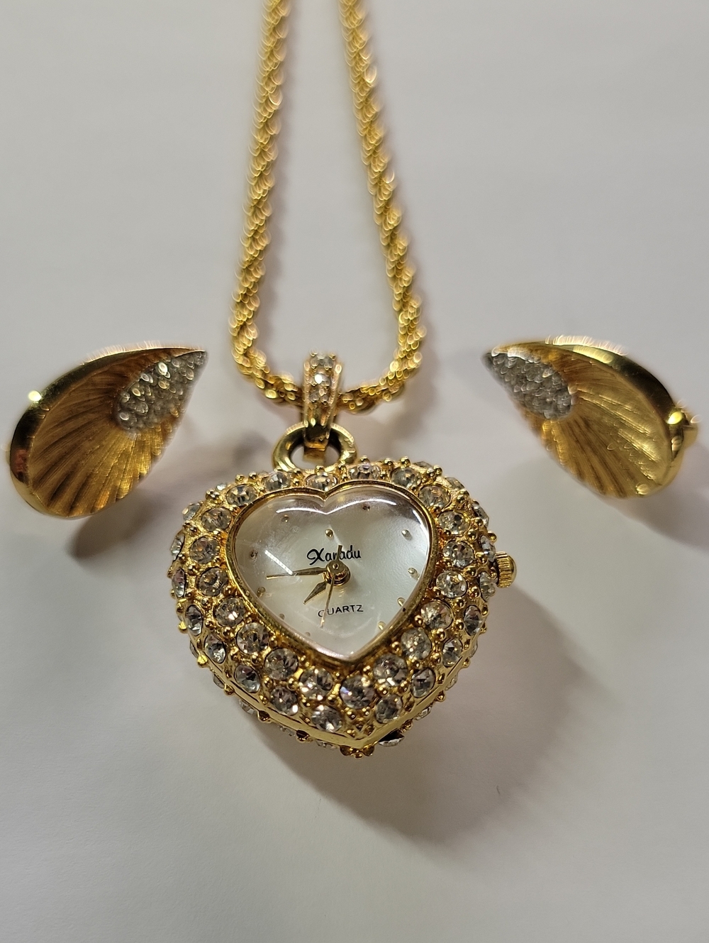 Gold Tone Heart Pendant Watch Necklace with Crystal Accents